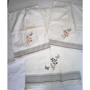 SKL Home Fluttering Butterflies Natural Cotton Embroidered Hand Towel Set 3
